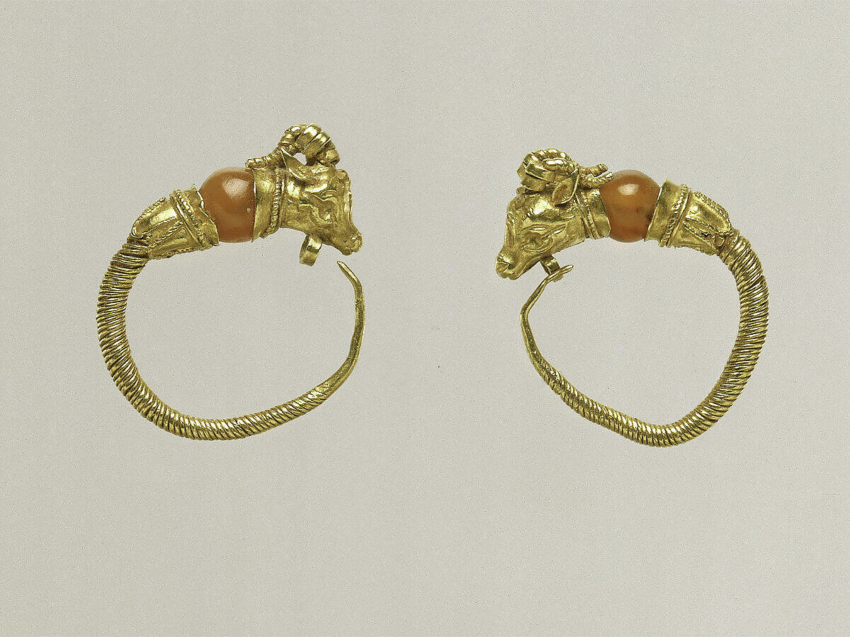 Gold earring with head of a goat, Gold, Greek