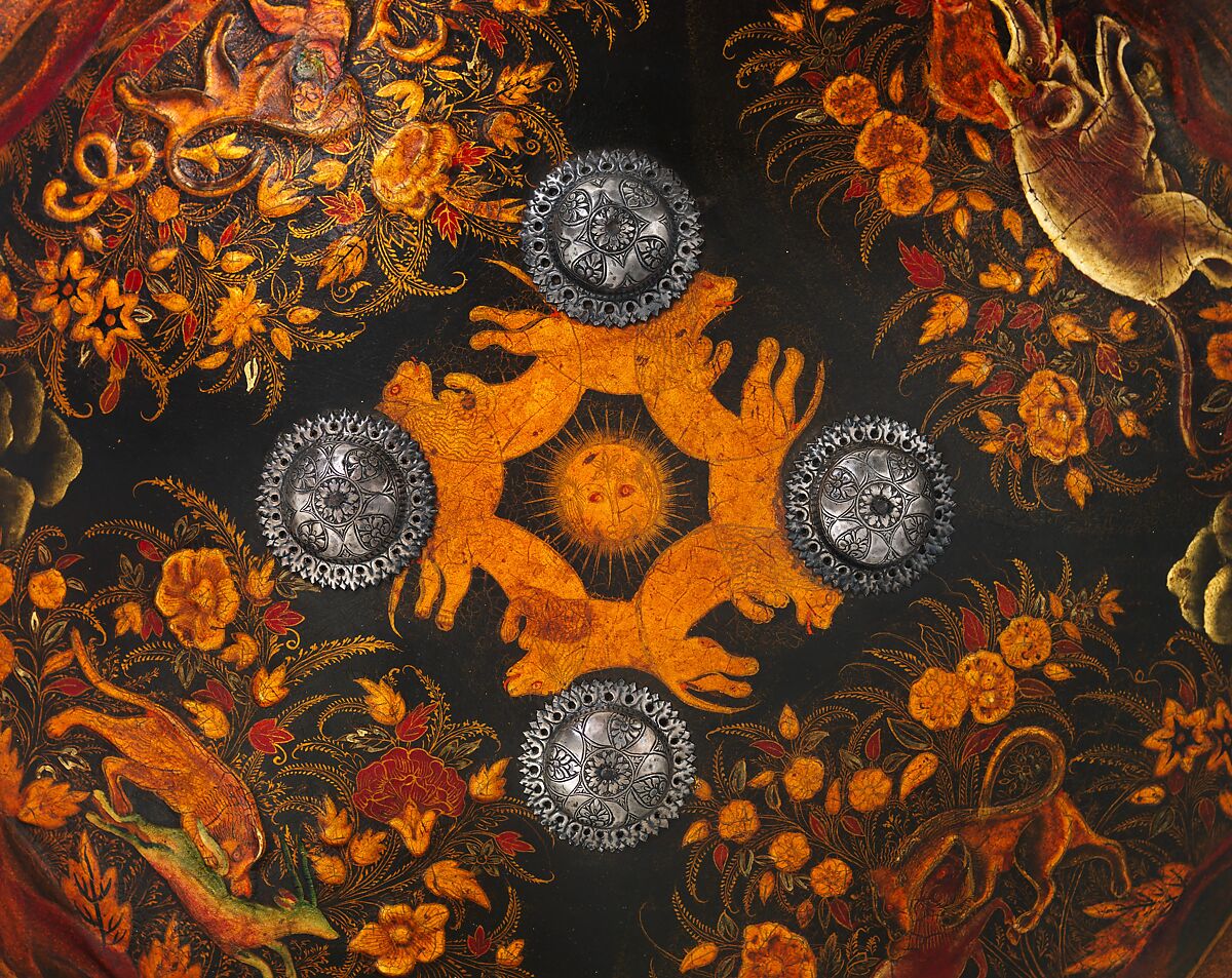 Shield (Dhàl), Leather, lacquer, gold leaf, silver, Indian, probably Rajastan