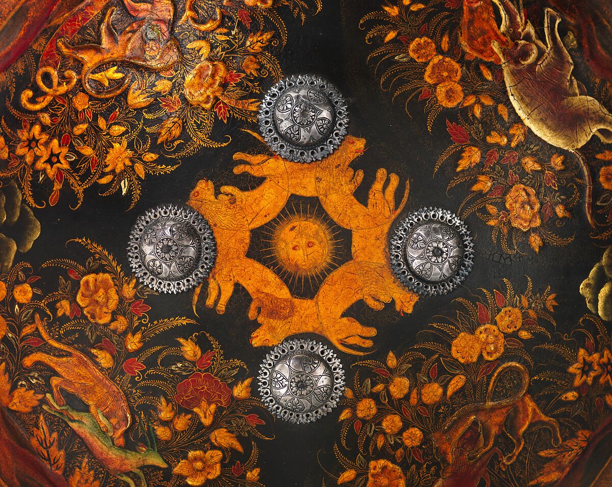 Shield (Dhàl), Leather, lacquer, gold leaf, silver, Indian, probably Rajastan