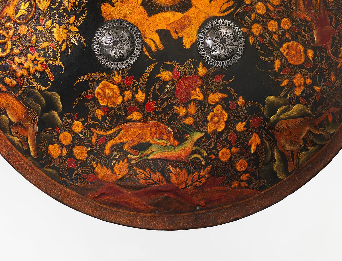 Shield (Dhàl), Leather, lacquer, gold leaf, silver, Indian, probably Rajastan
