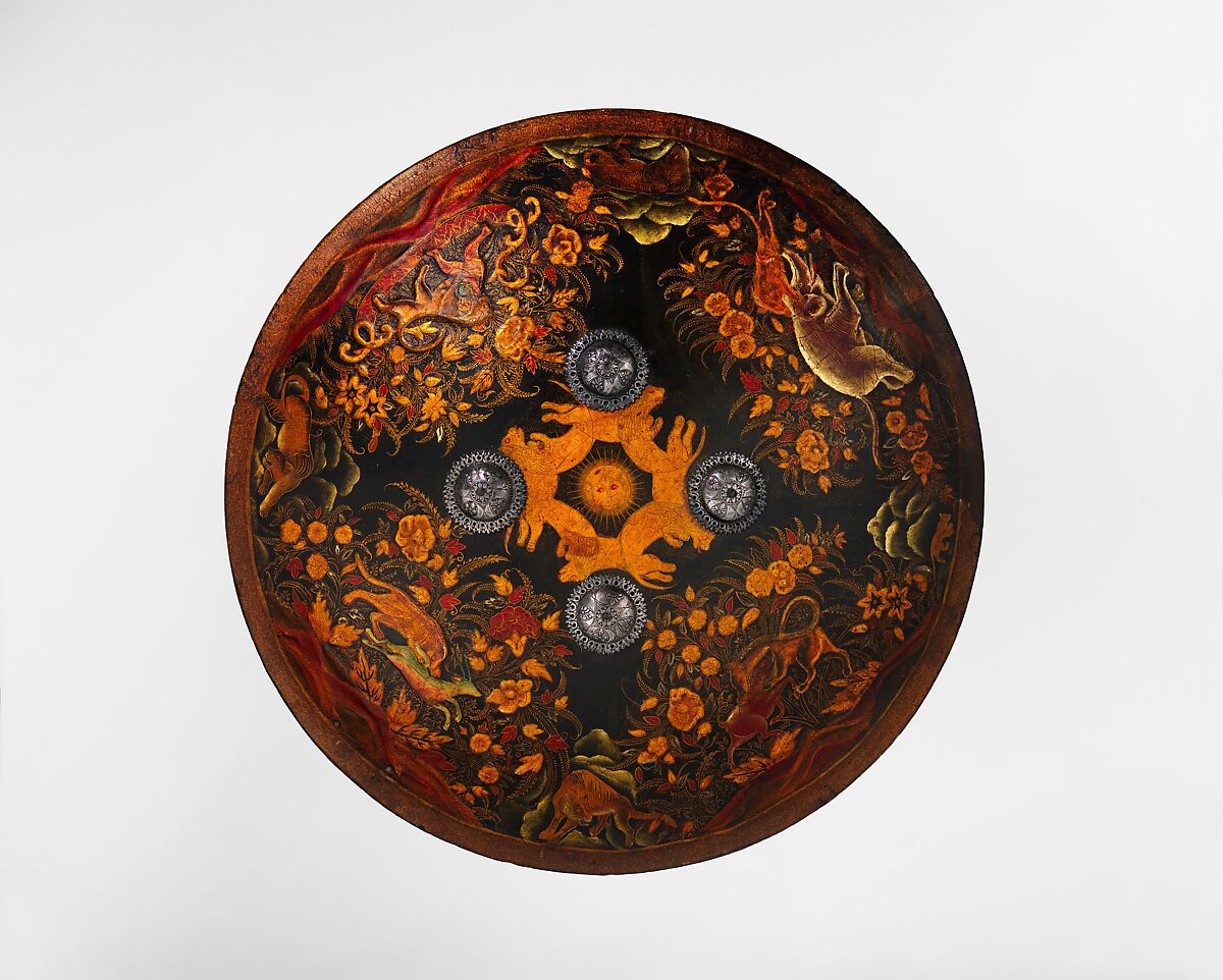 Shield (Dhàl), Leather, lacquer, gold leaf, silver, Indian, probably Rajastan 