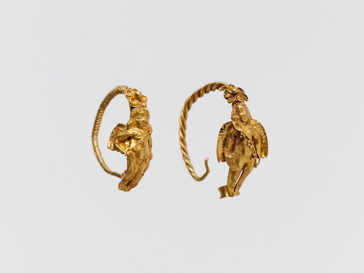 Gold earring with winged figure, Gold, Greek 