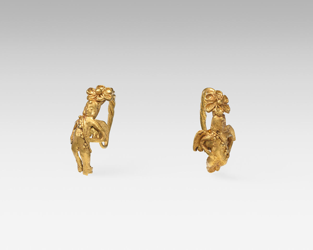 Gold earring with winged figure (one of a pair), Gold, Greek