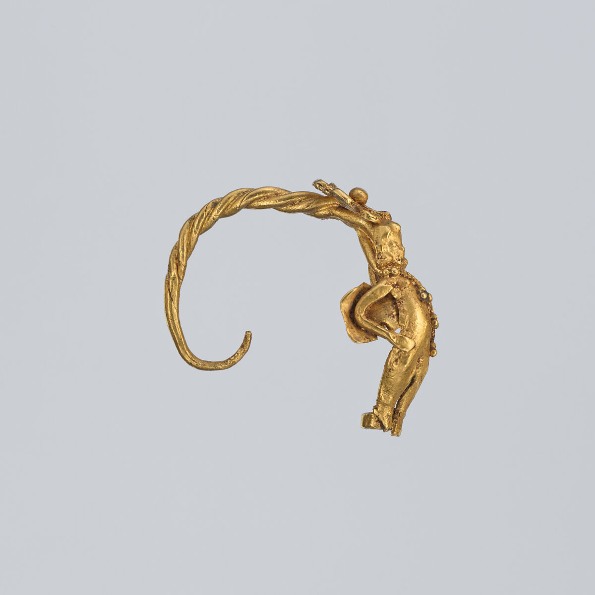 Gold earring with winged figure (one of a pair), Gold, Greek 