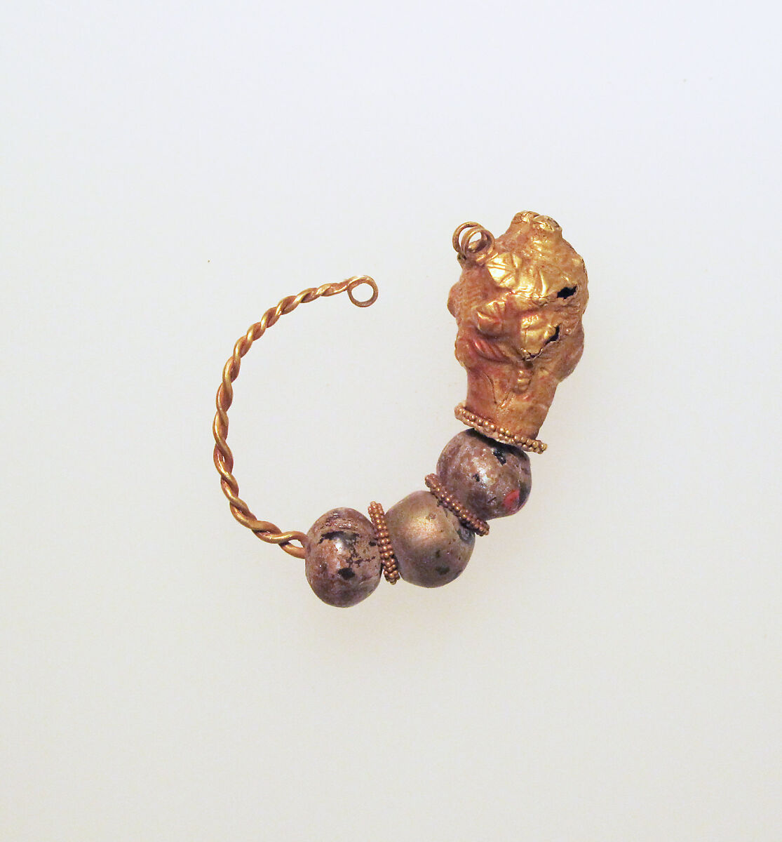 Gold earring with woman's head and glass beads, Gold, glass paste, Greek 