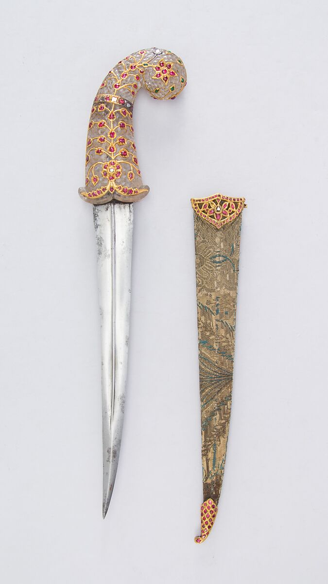 Dagger with Sheath, Steel, rock crystal, gold, silver, rubies, diamonds, emeralds, textile, wood, Indian, Mughal