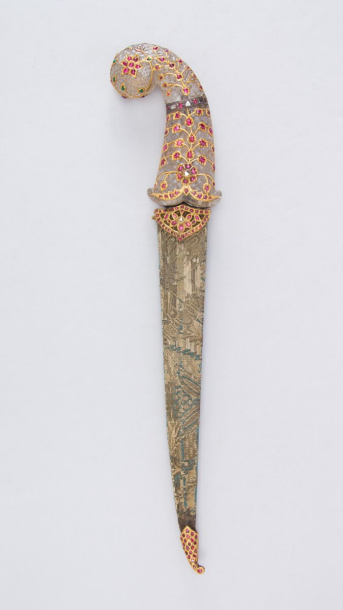 Dagger with Sheath, Steel, rock crystal, gold, silver, rubies, diamonds, emeralds, textile, wood, Indian, Mughal