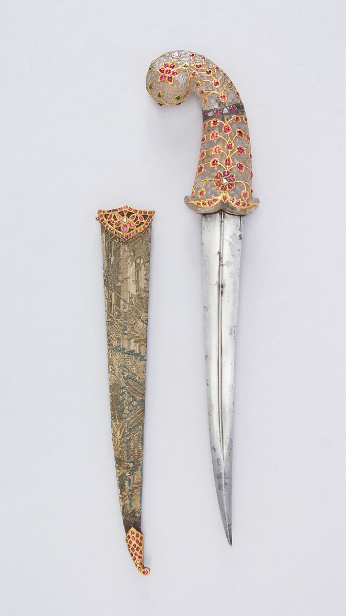 Dagger with Sheath, Steel, rock crystal, gold, silver, rubies, diamonds, emeralds, textile, wood, Indian, Mughal 