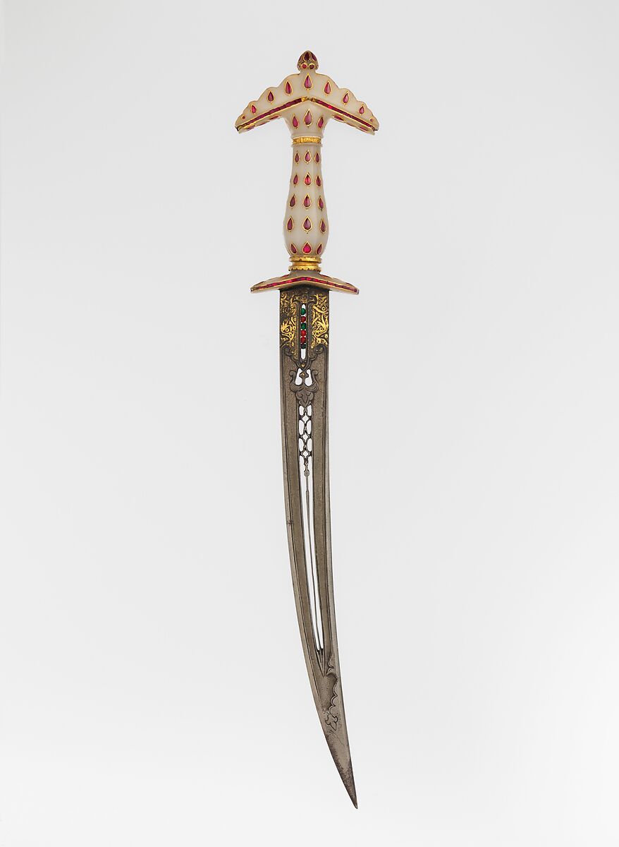 Dagger with Sheath, Steel, nephrite, gold, rubies, emeralds, silver-gilt, leather, Hilt, Indian, Mughal; blade, Turkish or Indian 