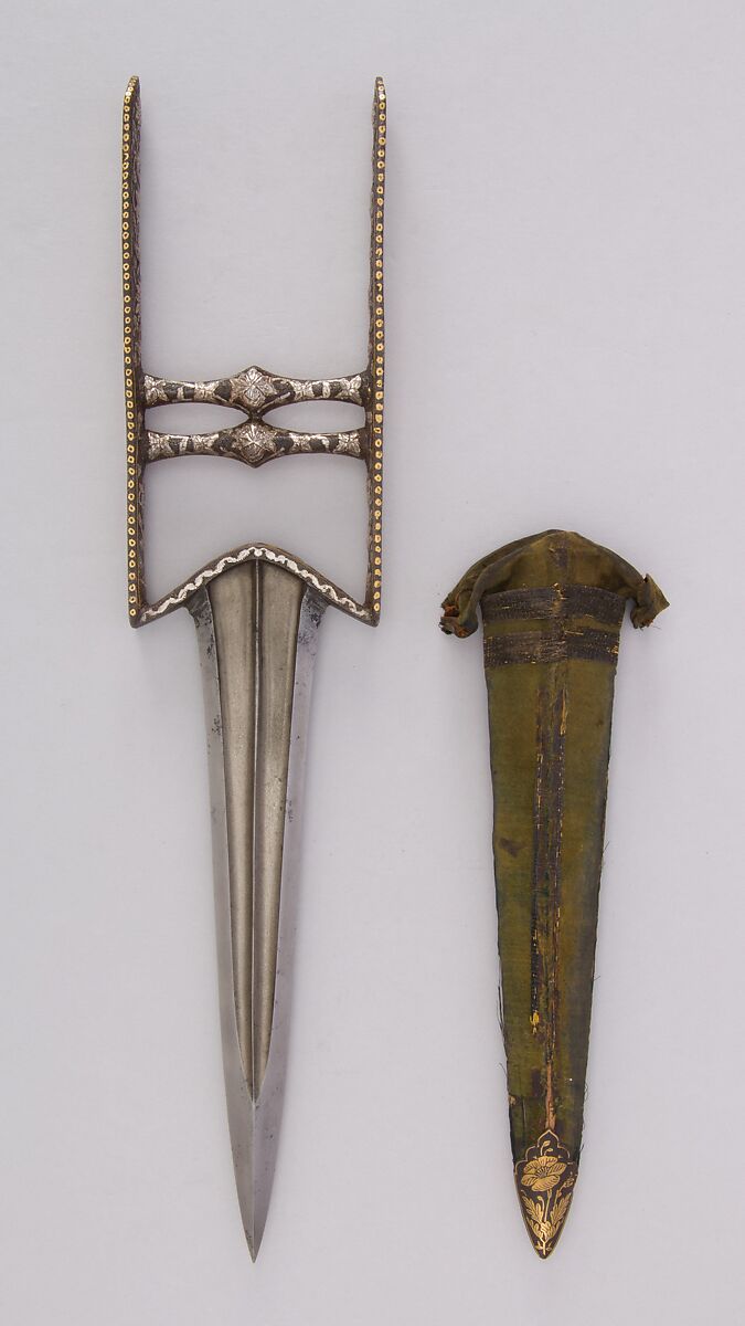 Dagger (Katar) with Sheath, Steel, gold, silver, velvet, iron, South Indian, possibly Deccan