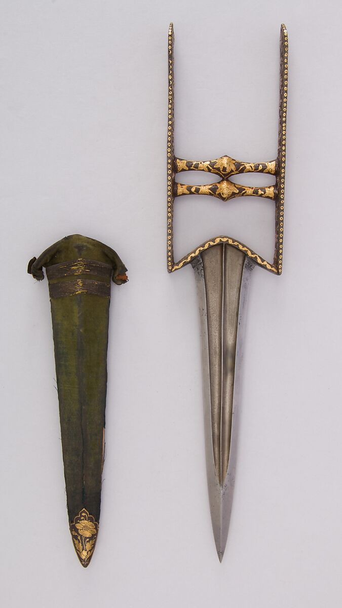 Dagger (Katar) with Sheath, Steel, gold, silver, velvet, iron, South Indian, possibly Deccan 