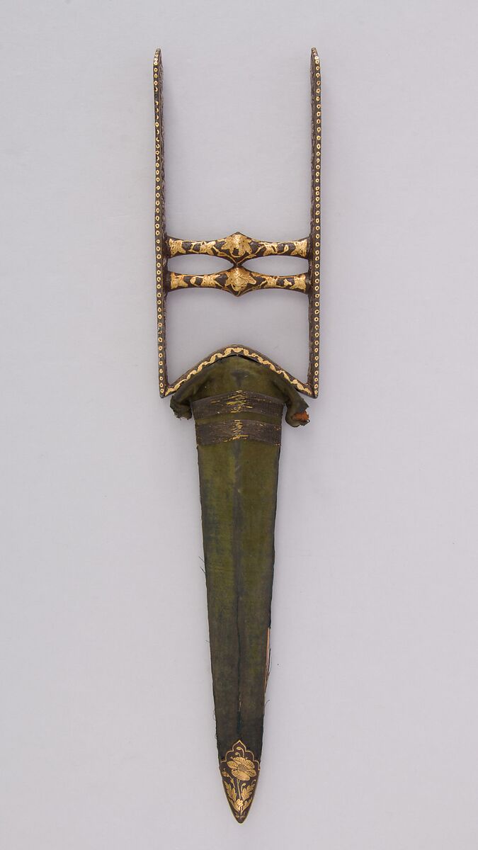 Dagger (Katar) with Sheath, Steel, gold, silver, velvet, iron, South Indian, possibly Deccan
