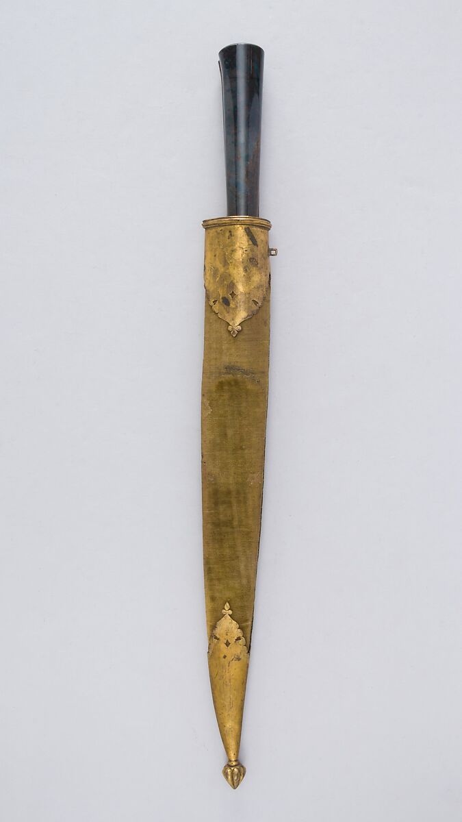 Dagger (Kard) with Sheath, Steel, agate, gold, wood, velvet, copper, Persian, Qajar