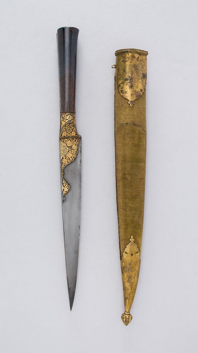 Dagger (Kard) with Sheath, Steel, agate, gold, wood, velvet, copper, Persian, Qajar