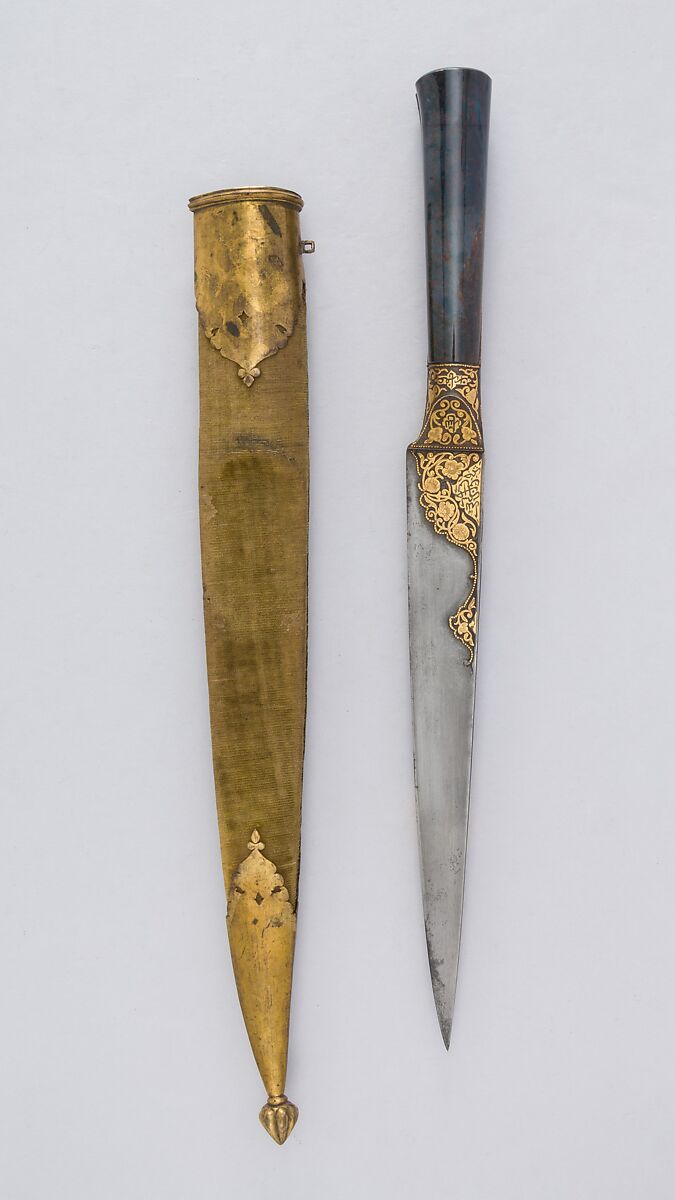 Dagger (Kard) with Sheath, Steel, agate, gold, wood, velvet, copper, Persian, Qajar 