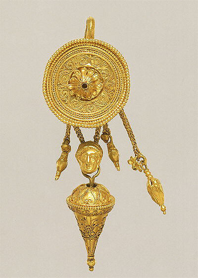 Gold disk earring with a female head and cone pendants, Gold, Greek 