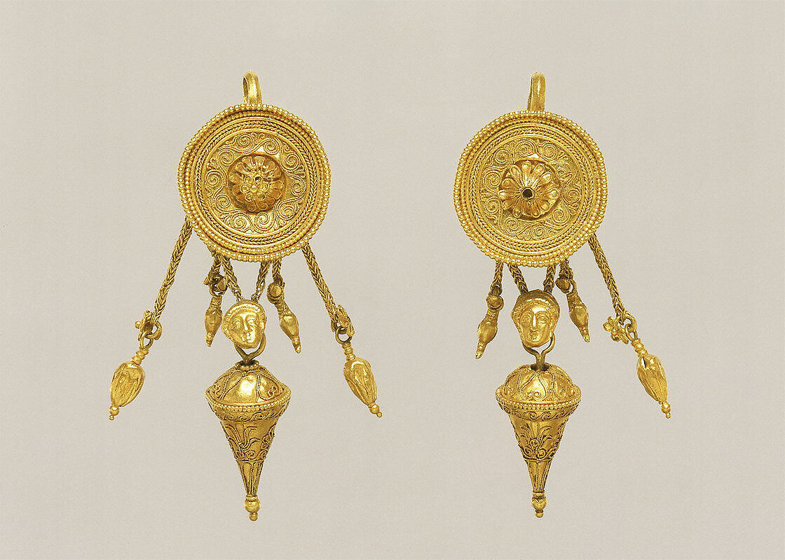 Gold disk earring with a female head and cone pendants, Gold, Greek
