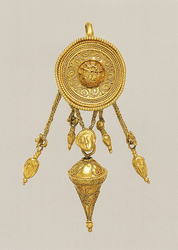 Gold disk earring with a female head and cone pendants, Gold, Greek 