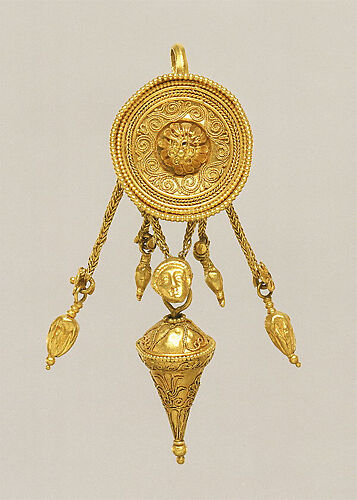 Gold disk earring with a female head and cone pendants