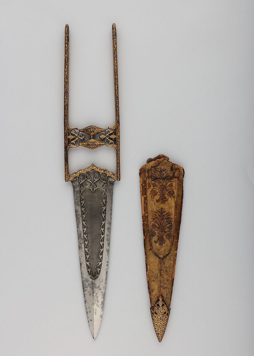 Dagger (Katar) and Sheath, Steel, leather, gold, Indian, Mughal 