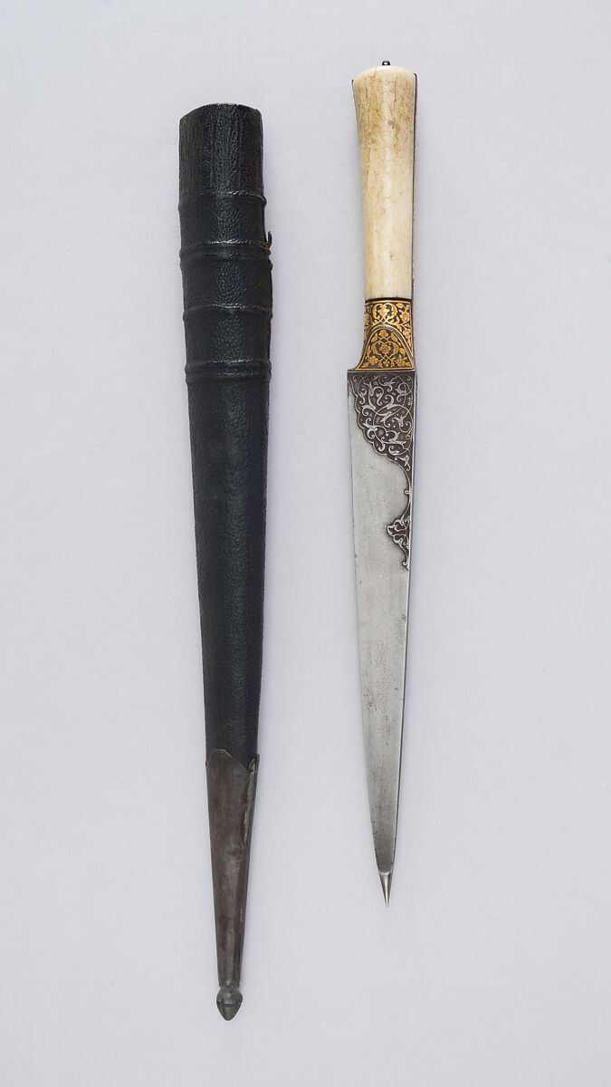Dagger (Kard) with Sheath, Steel, ivory, gold, wood, leather, iron, Persian, Qajar 