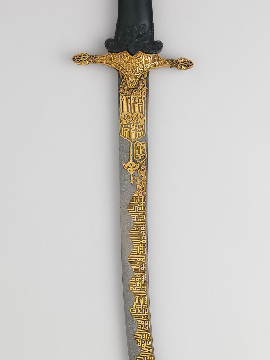Saber, Steel, jade (nephrite), gold, blade, possibly Iranian; guard and decoration on blade, Turkish; grip, Indian