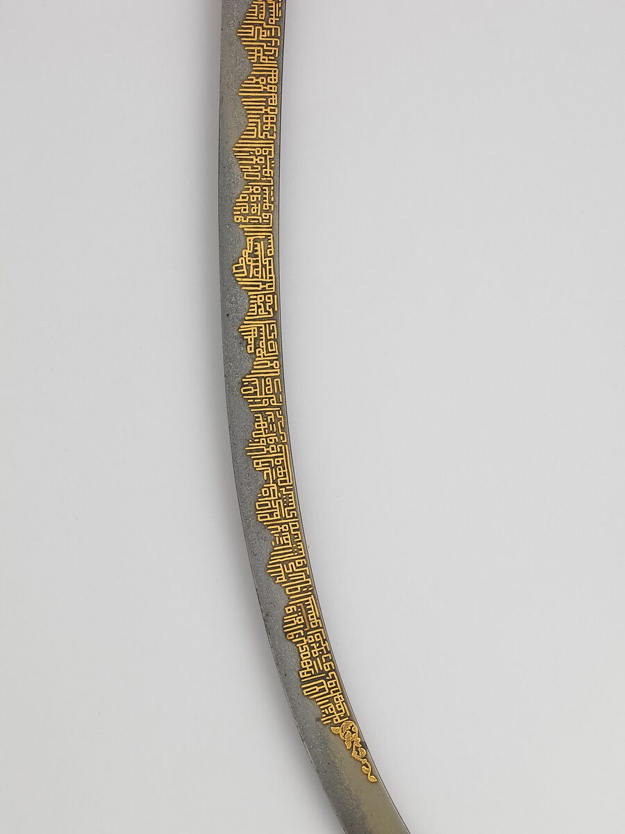 Saber, Steel, jade (nephrite), gold, blade, possibly Iranian; guard and decoration on blade, Turkish; grip, Indian