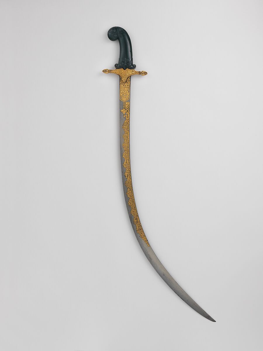 Saber, Steel, jade (nephrite), gold, blade, possibly Iranian; guard and decoration on blade, Turkish; grip, Indian 