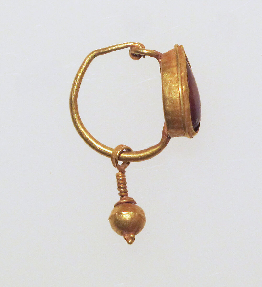 Earring with ball pendant and sard setting, Gold, sard, Roman 
