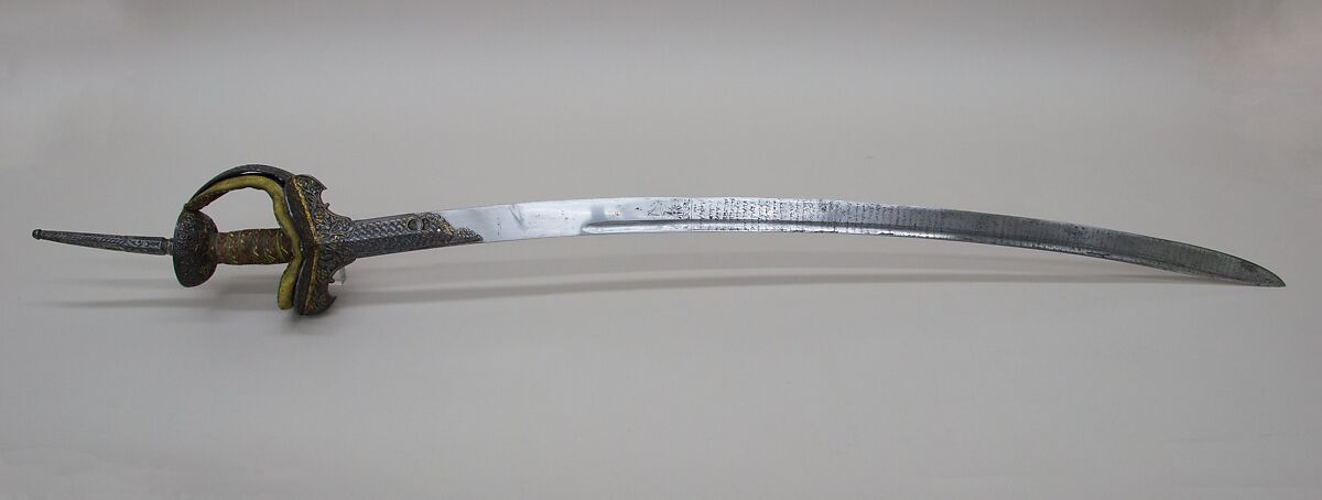 Sword (Firangi), Steel, iron, silver, gold, textile, hilt, Indian (Deccan); blade, East European