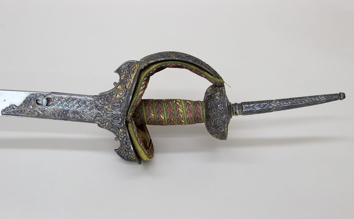 Sword (Firangi), Steel, iron, silver, gold, textile, hilt, Indian (Deccan); blade, East European