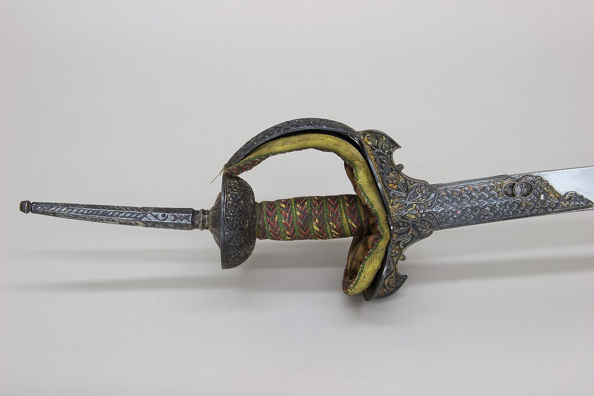 Sword (Firangi), Steel, iron, silver, gold, textile, hilt, Indian (Deccan); blade, East European