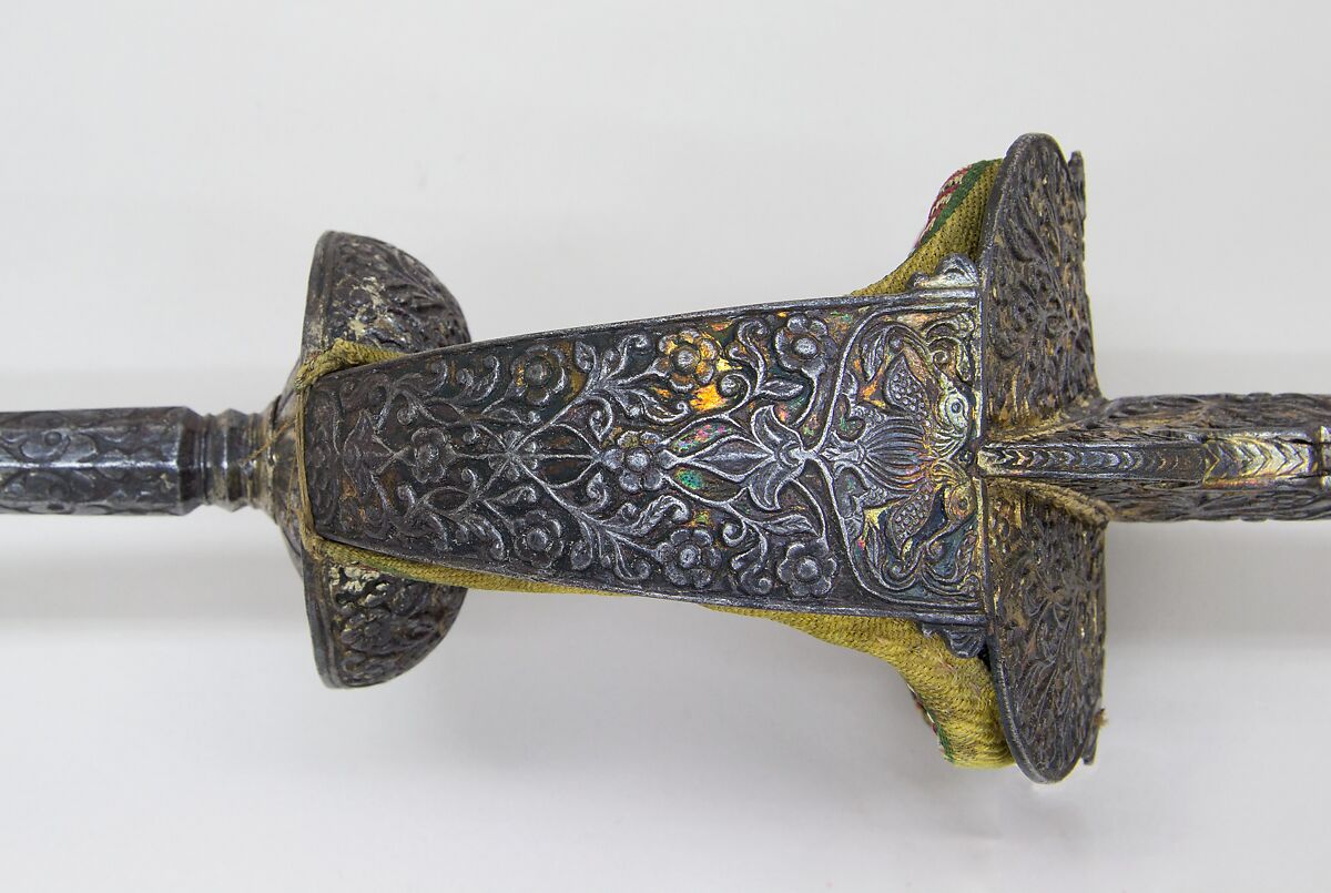 Sword (Firangi), Steel, iron, silver, gold, textile, hilt, Indian (Deccan); blade, East European