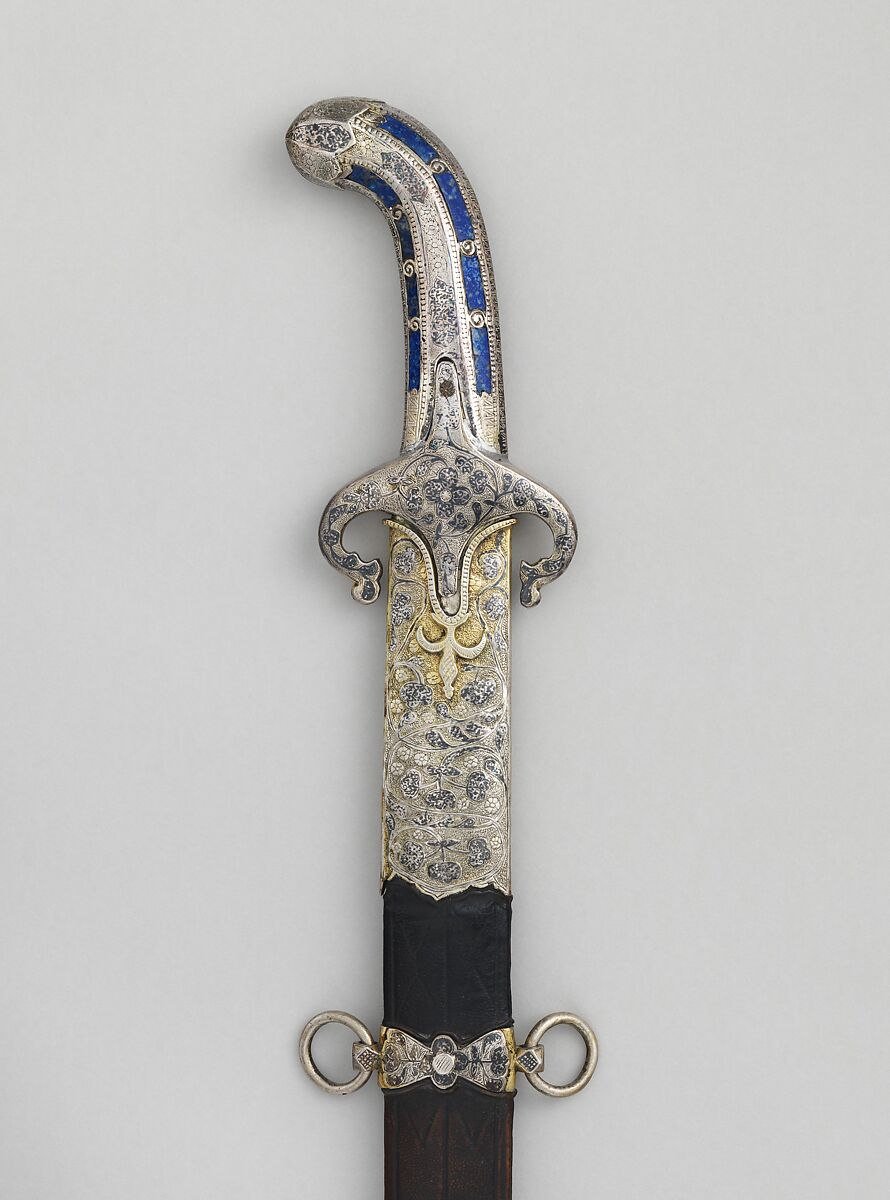 Sword with Scabbard, Steel, silver, gold, copper-silver alloy (niello), lapis lazuli, wood, leather, Grip and guard, Turkish, Ottoman; blade, European