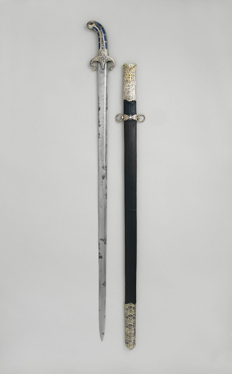 Sword with Scabbard, Steel, silver, gold, copper-silver alloy (niello), lapis lazuli, wood, leather, Grip and guard, Turkish, Ottoman; blade, European 