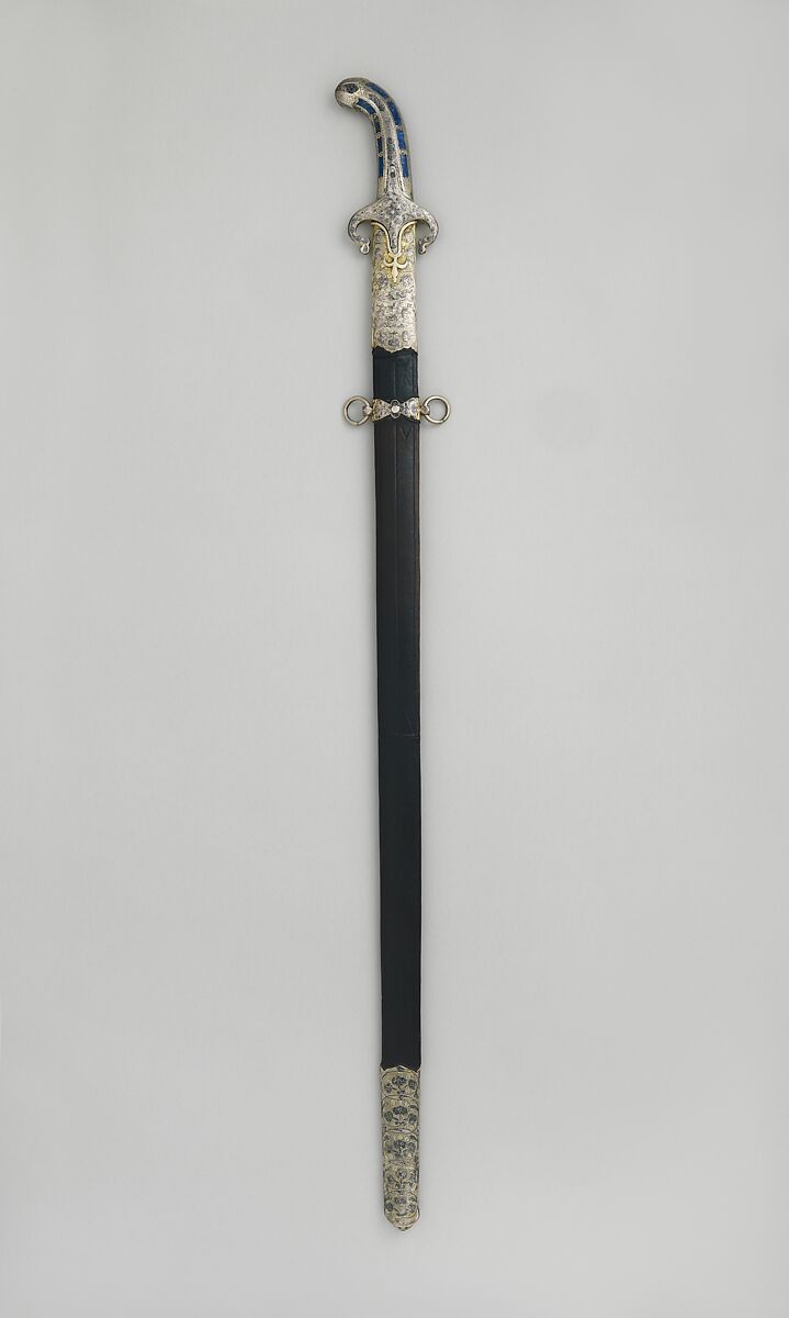 Sword with Scabbard, Steel, silver, gold, copper-silver alloy (niello), lapis lazuli, wood, leather, Grip and guard, Turkish, Ottoman; blade, European