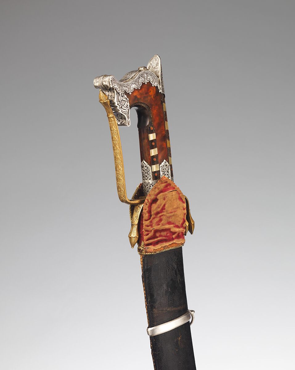 Nimcha (Saber) with Scabbard, Steel, silver, copper, wood, tortoiseshell, horn, mother-of-pearl, leather, textile, hilt and scabbard, Algerian; blade, European