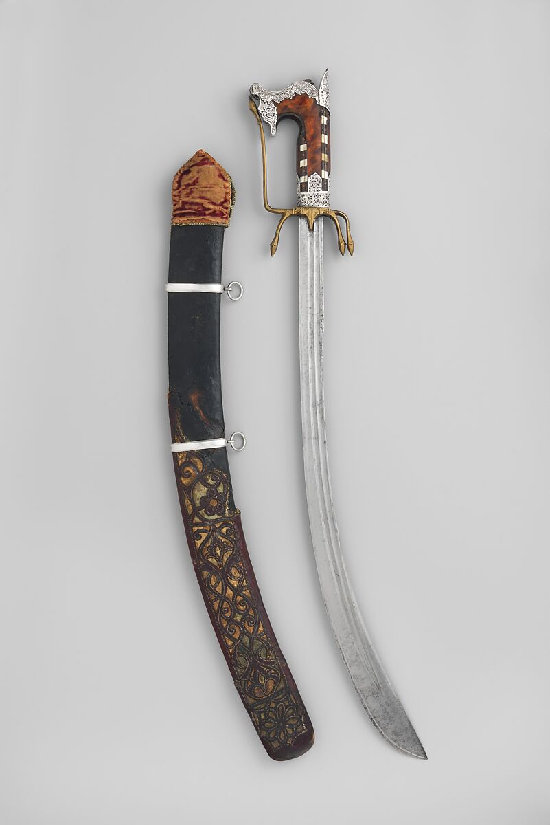 Nimcha (Saber) with Scabbard, Steel, silver, copper, wood, tortoiseshell, horn, mother-of-pearl, leather, textile, hilt and scabbard, Algerian; blade, European 