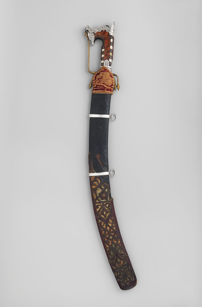 Nimcha (Saber) with Scabbard, Steel, silver, copper, wood, tortoiseshell, horn, mother-of-pearl, leather, textile, hilt and scabbard, Algerian; blade, European