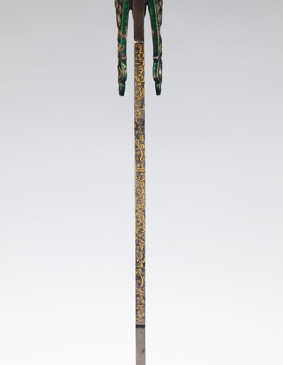 Saber (Talwar) with Scabbard, Steel, silver, diamonds enamel, leather, Indian