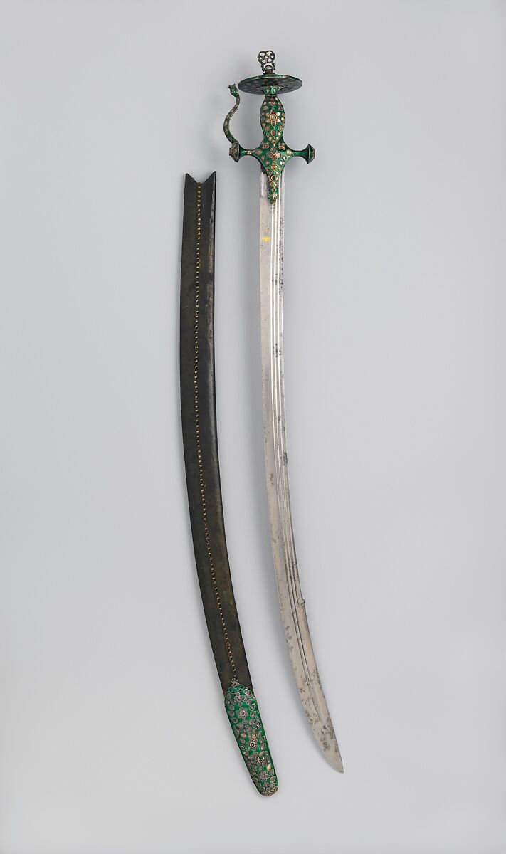 Saber (Talwar) with Scabbard, Steel, silver, diamonds enamel, leather, Indian