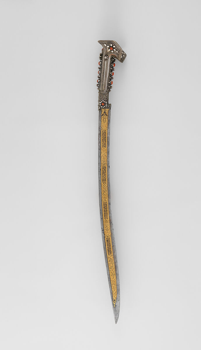 Yatagan with Scabbard, Steel, silver, gold, coral, Anatolian or Balkan