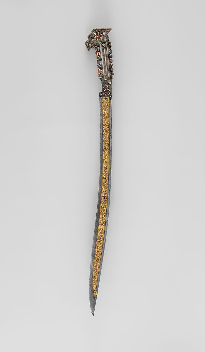 Yatagan with Scabbard, Steel, silver, gold, coral, Anatolian or Balkan