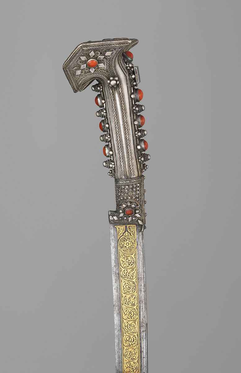 Yatagan with Scabbard, Steel, silver, gold, coral, Anatolian or Balkan
