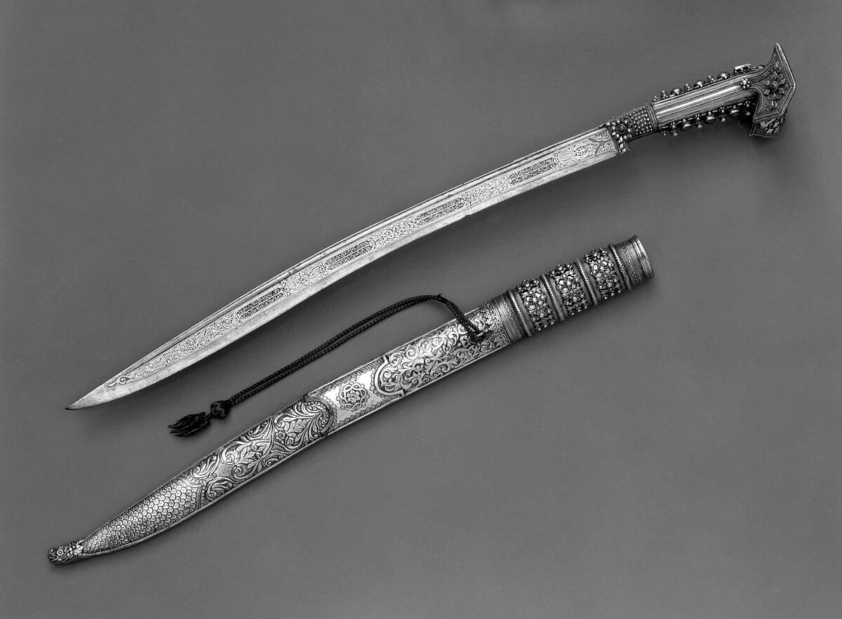 Yatagan with Scabbard, Steel, silver, gold, coral, Anatolian or Balkan