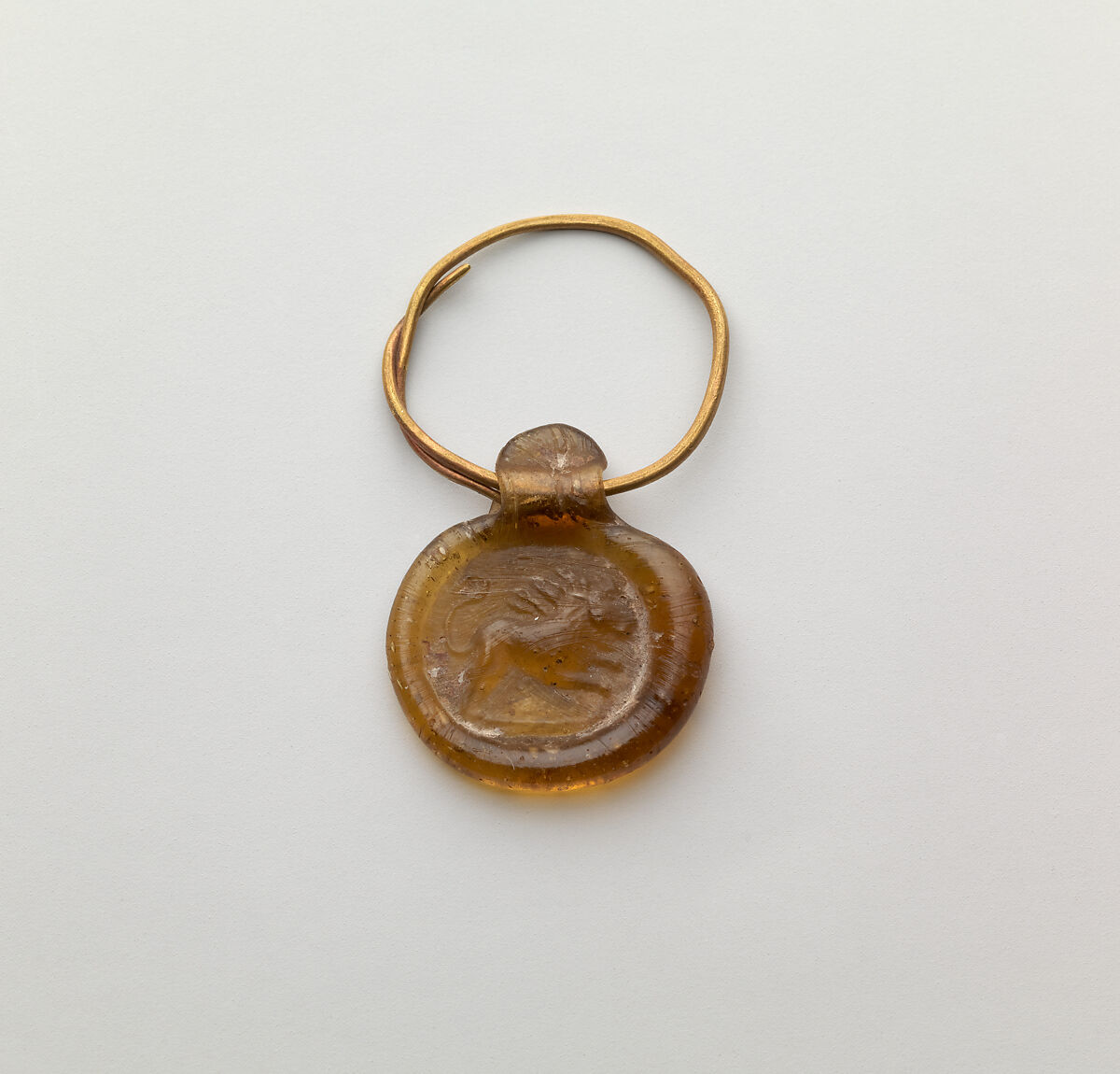 Gold hoop with glass pendant stamped disk, Gold, glass, Roman 