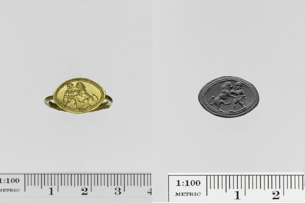 Gold ring engraved with a warrior and a lion, Gold, Greek