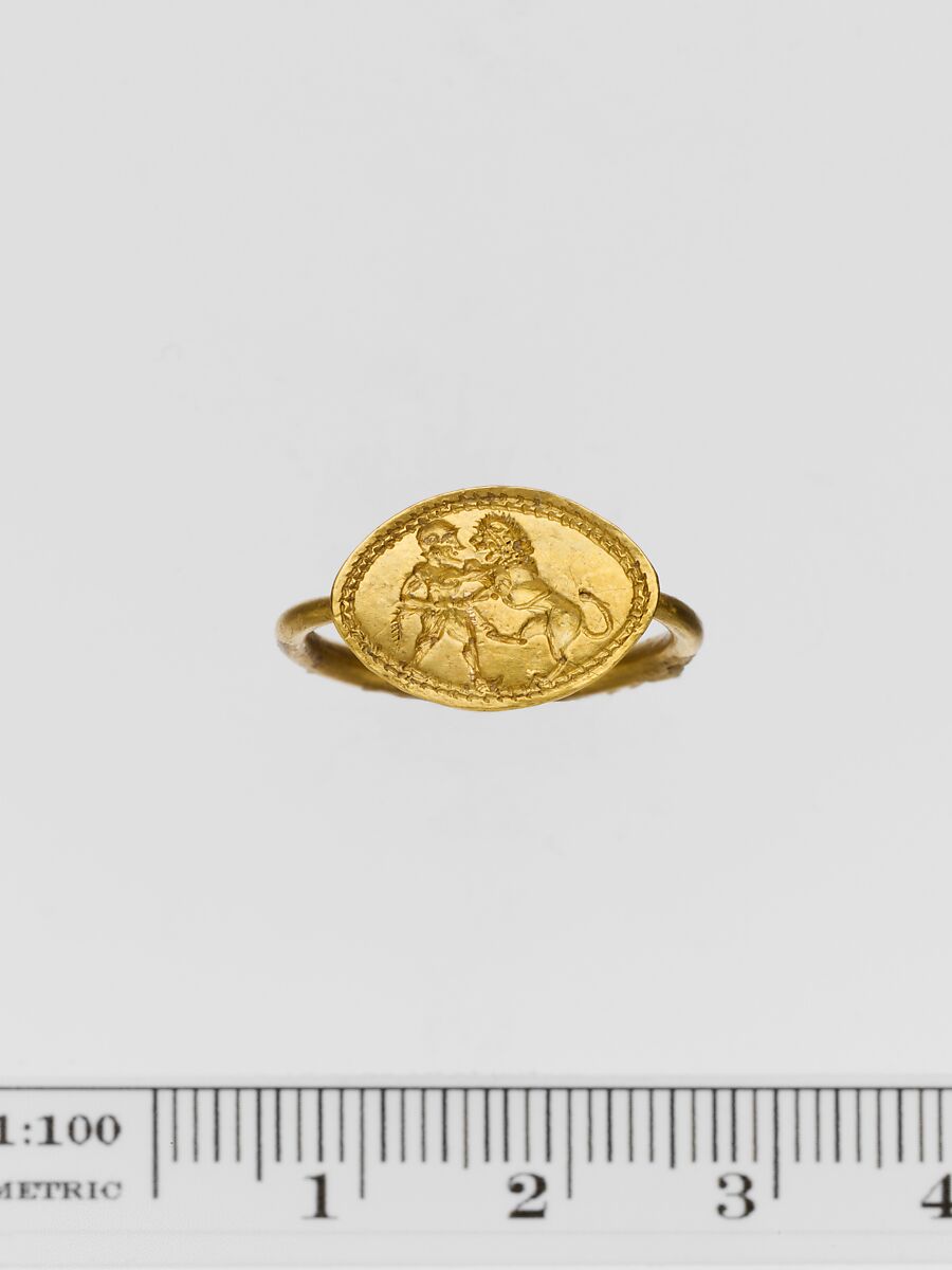 Gold ring engraved with a warrior and a lion, Gold, Greek 