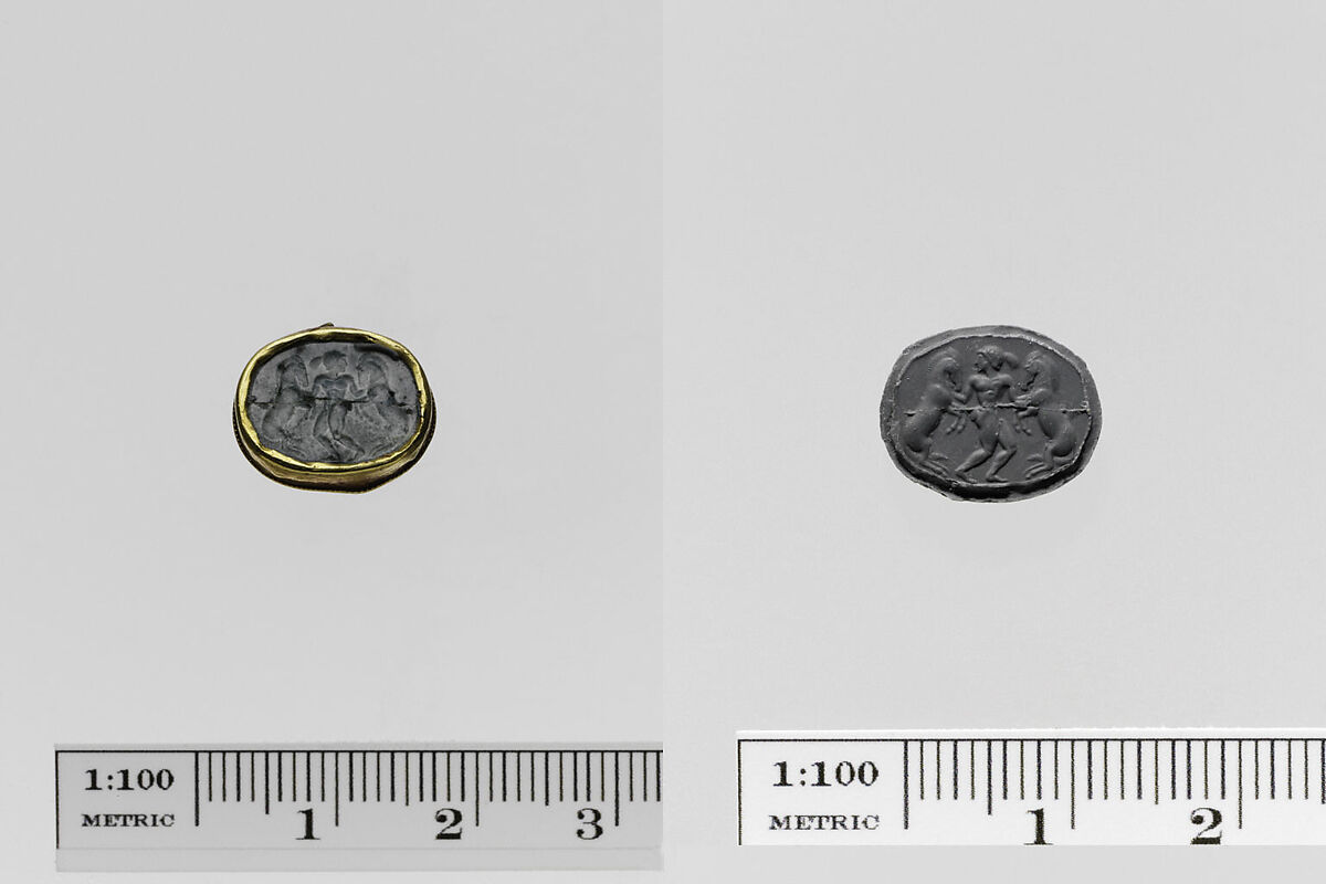 Plasma scaraboid seal set in a gold band, Plasma, gold, Greek