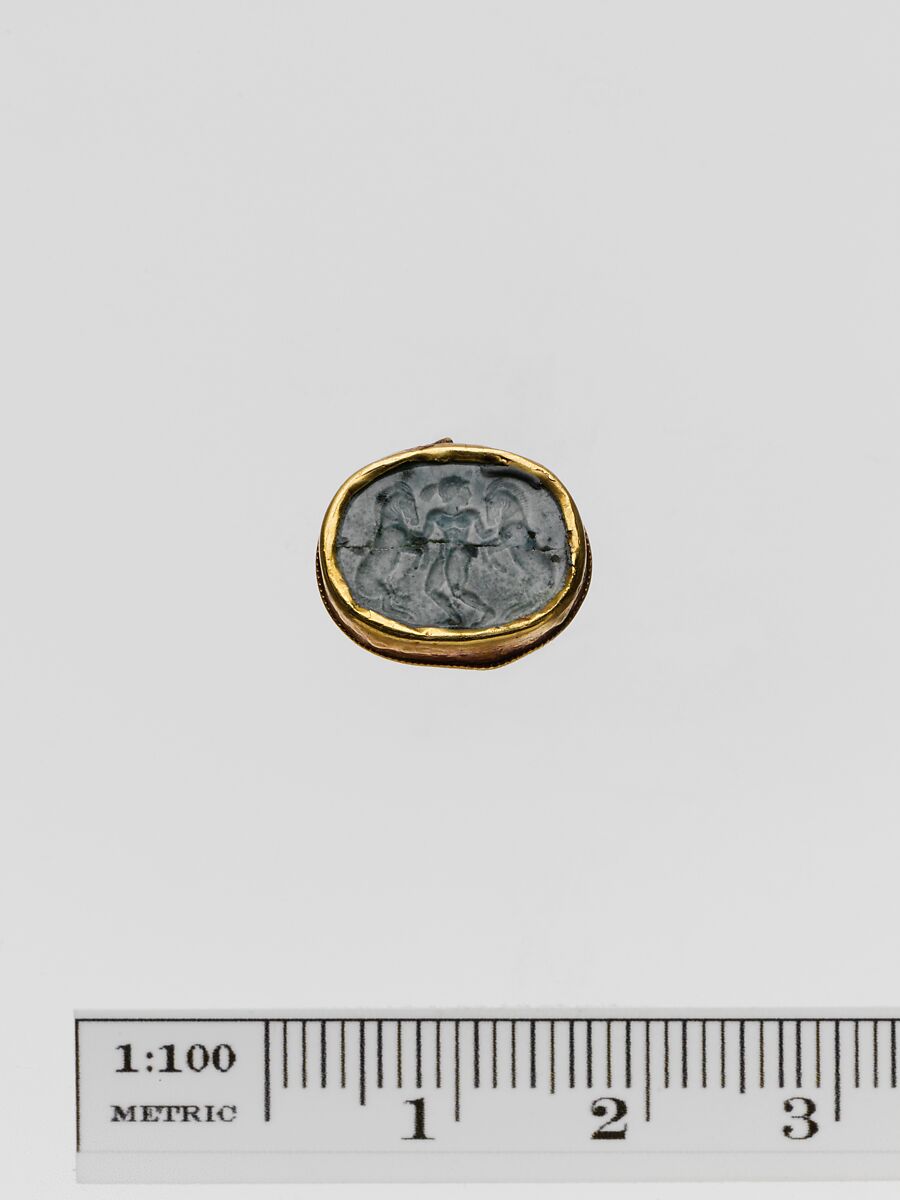 Plasma scaraboid seal set in a gold band, Plasma, gold, Greek 